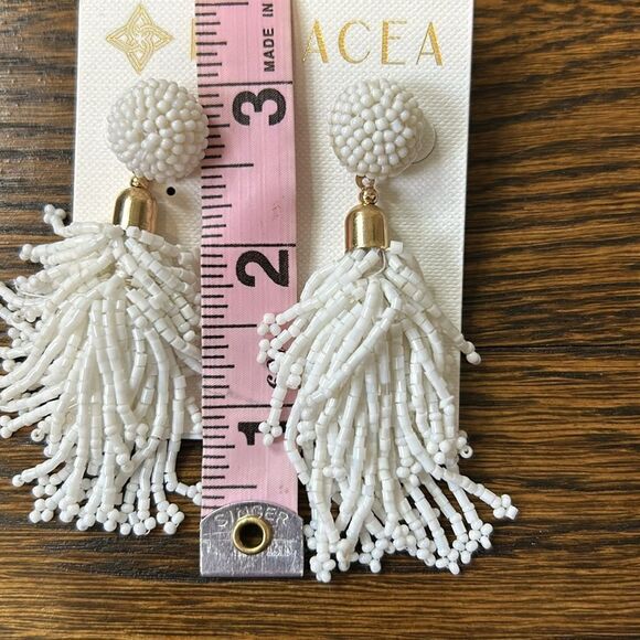 NWOT-Panacea White Beaded Tassel Earrings - Picture 3 of 3